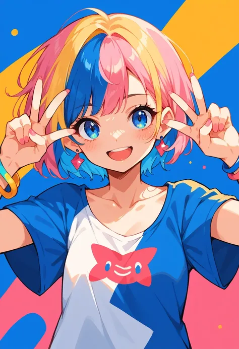 neondskdrmsxl, score_9_up, score_8_up, score_7_up, score_6_up, 1girl, solo, multicolored hair, jewelry, blue eyes, shirt, earrin...