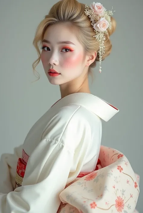 Professional studio photo of a beautiful traditional Japanese geisha with blonde hair wearing a white kimono.