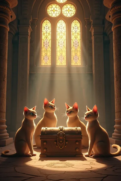 Cats solve the final riddle, unlocking the treasure."

Narration: "Within the temple, the cats encountered the final riddle. Combining their skills, they unlocked the treasure chest."