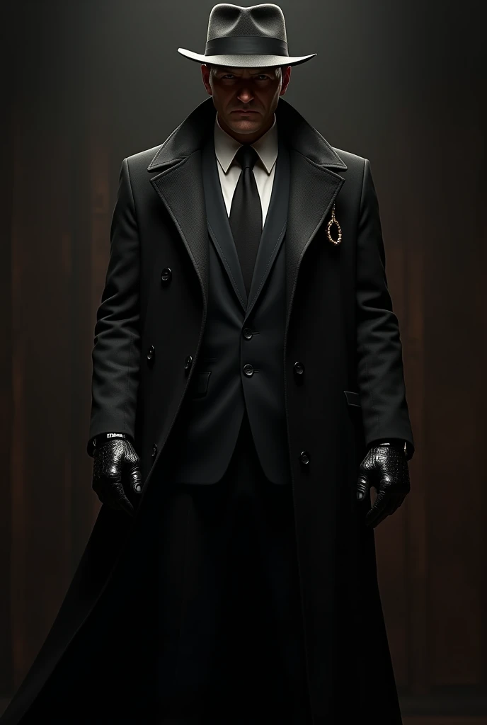 Mafia boss with black hat black gloves and accessories with long coat