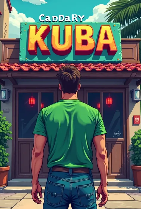 A man from behind with a green t-shirt, in front of a karate academy named "cademia  kuba"
90s video game style image