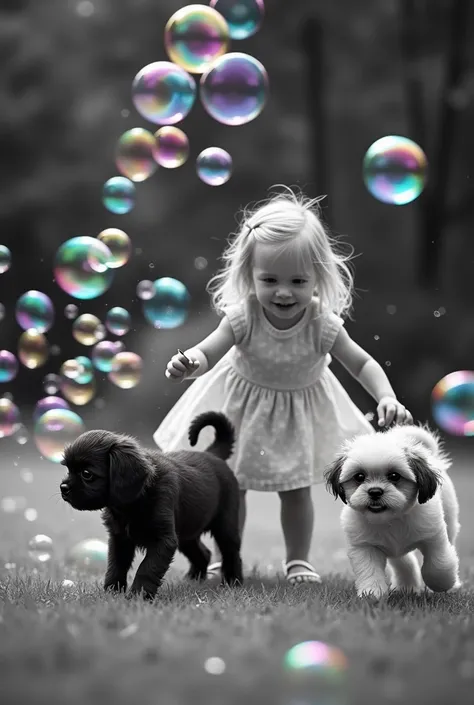 black and white image of 2 black shih tzu puppies and a blonde girl playing smiling with soap bubbles in a park, lots of soap bubbles are transparent and cosmic color and very colorful with many colors in very smooth gradience, image from above, focus on t...