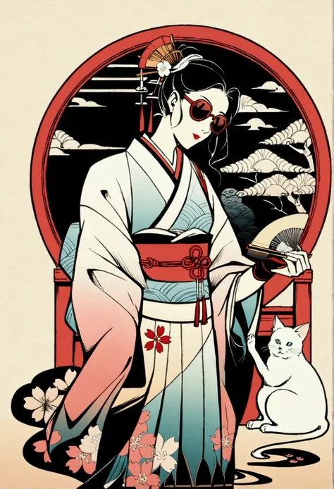 Edo period Ukiyo-e style,Line art,animal,woman "A 2D artwork set in a New Japan world where tradition meets futuristic elements, but with a classic, vintage art style. A young woman dressed in a detailed kimono plays a shamisen with poise and grace. The ba...