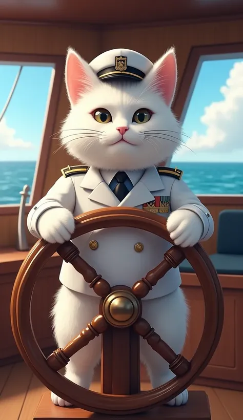 Setting: Back in the control room, this time with a head-on view of the cat captain.Character: The white cat stands behind the ship’s steering wheel, gripping it with determination. Dressed in the same formal captain’s attire, the cat’s facial expression i...