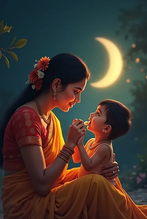 Mother wearing saree and  feeding food for boy baby background will be moon