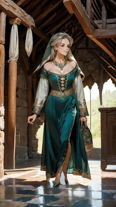 a female walking, green, fantasy, medieval, haunting, masterpiece, magical, front view