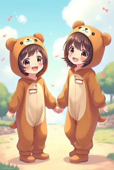 Create a picture of a boy in a bear suit that says frankeiver holding hands with a girl in a bear suit that says roxi anime version