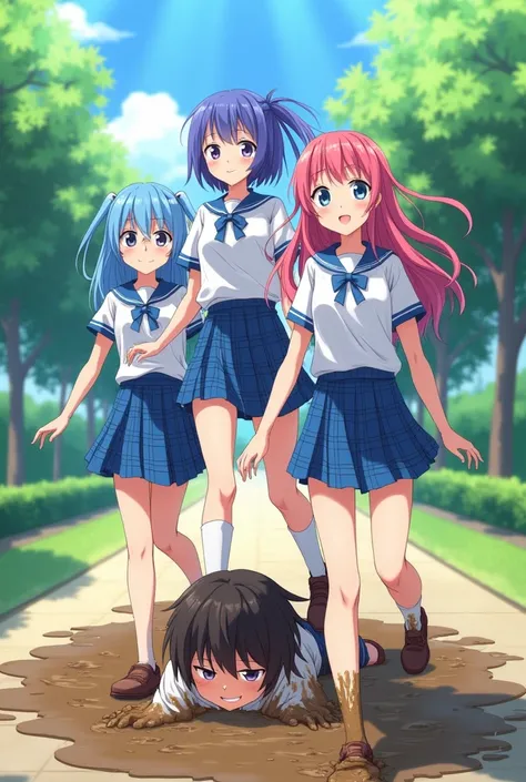 Anime Girls in Blue Plaid Skirts and Short Sleeve School girl shorts walking on an Anime boy who is covered in mud.