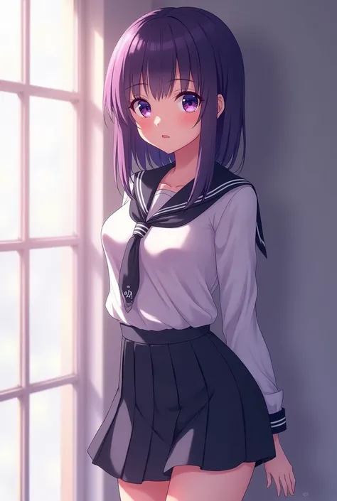 Anime girl with straight hair and purple eyes in sexy school uniform looking shy