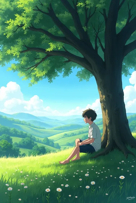 anime scene of a boy sitting under a tree in a field, anime nature, anime nature wallpap, anime background, beautiful anime scenery, beautiful anime scene, anime scenery, anime landscape, anime landscape wallpaper, makoto shinkai!, anime beautiful peace sc...