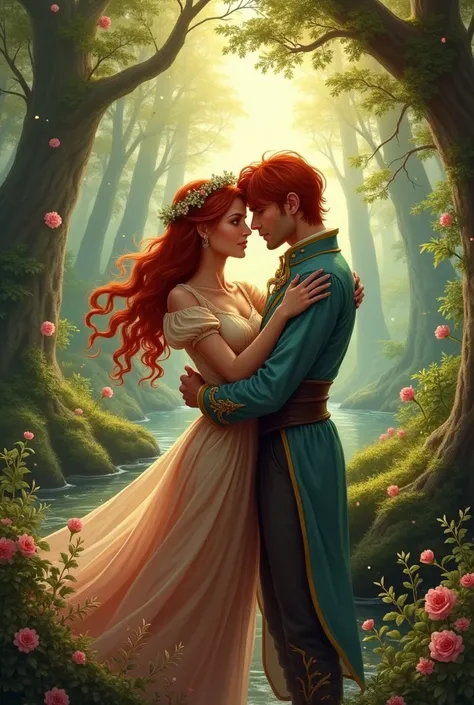 a red-haired man and an olive-skinned woman hugging in a fairy-tale setting
