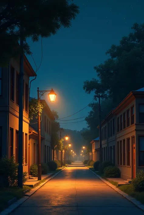 "An empty street at night, bathed in the soft glow of warm, nostalgic streetlights. The road stretches quietly into the distance, lined with old, familiar buildings casting long shadows. The smooth pavement reflects the golden light from the lamps, creatin...