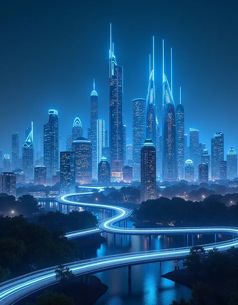 Charlotte North Carolina city year 2170 Future Skyline  Futuristic more Skyline lights with design curvature buildings advanced civilization taller buildings many more blue and white lights 