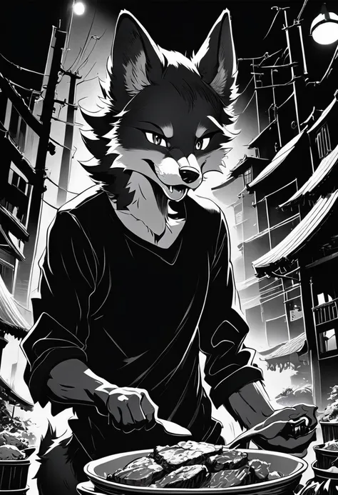 Black and white comics、Japanese Manga、Monochrome、 Conversation scene、Comical werewolf wearing a long sleeved black shirt、A delicious looking cartoon of meat appears before your eyes、Happy Face、smile、cute、