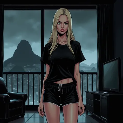 In a dark fantasy comic book type scene HQ comics, an 1 girl, HOT,, and long, straight, blond hair, with blue eyes, featured on the scene, where is looking through the giant window, of an apartment, overlooking the city of Rio de Janeiro. Your soft lips, w...