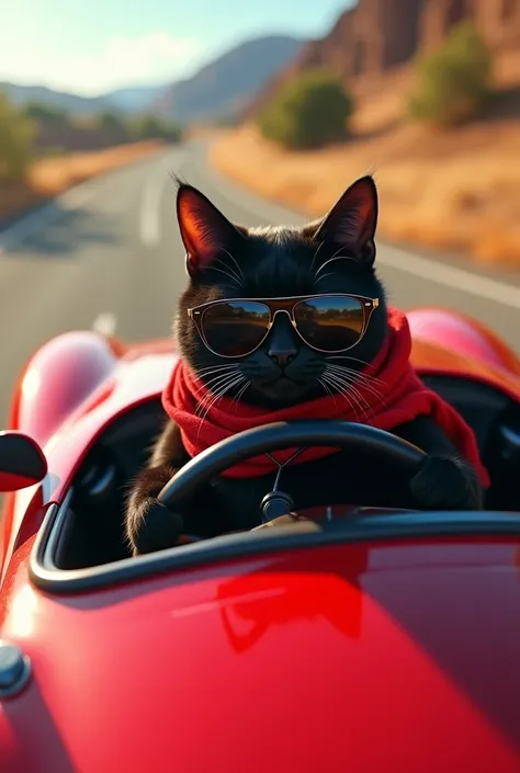 Black cat driving a Ferrari、Driving with one hand while wearing sunglasses、Wearing a red scarf around his neck、The speed is 100 km/h