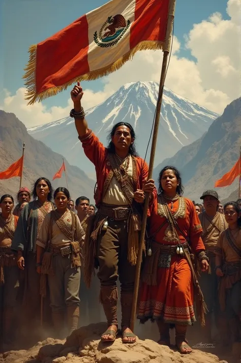 Tupac Amaru II, with a serious and determined face, in front of a group of indigenous and mestizo people, raising a flag. At your side, his wife Micaela Bastidas.
