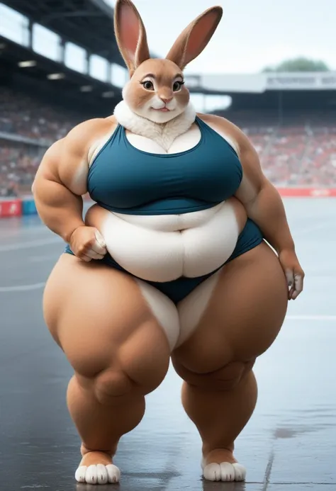 muscle rabbit, (((rabbit))), furry, (((thick, fat, excess fat))), (dark brown fur), (female), paws, plantigrade, large bosoms, pudgy belly, ((very wide hips, massively thick thighs)), ((bulging thighs)), fat rolls, bottomheavy, anatomically correct, ((outd...