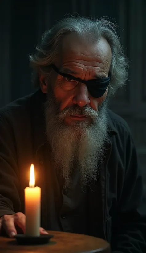 general plane. ((An elderly man with a black eye patch, one eye:1.5), rough face with beard, has, holding a candle, In a dark room, low lighting almost dark dramatic, Composition of the film, Digital Painting, Movie lighting, opaque color palette, Melancho...