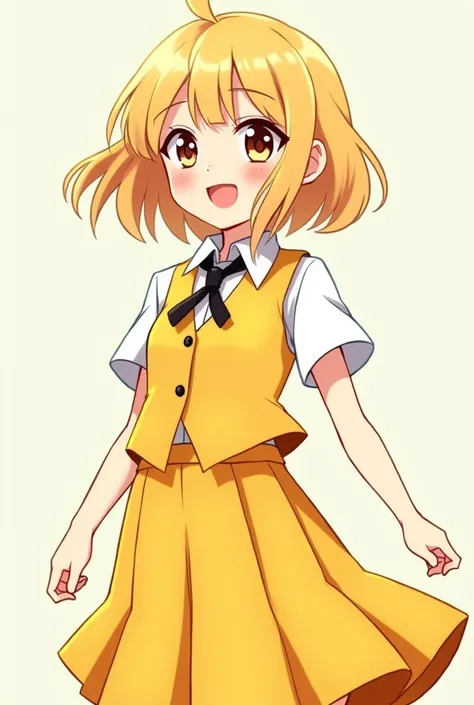 Blonde Anime Girl in a Yellow Skirt, White short sleeve shirt, Yellow Vest and Black Tie 