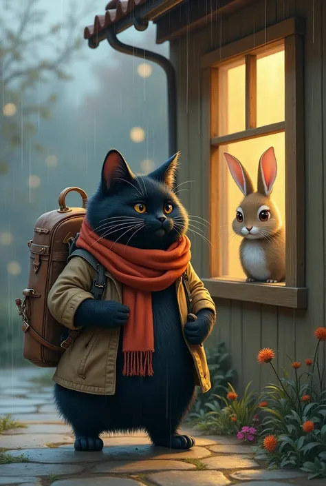 The cute fat black cat, who has put on its coats and bags walked past the rabbits house and saw the rabbit standing by the window, looking out at the rain with a sad expression