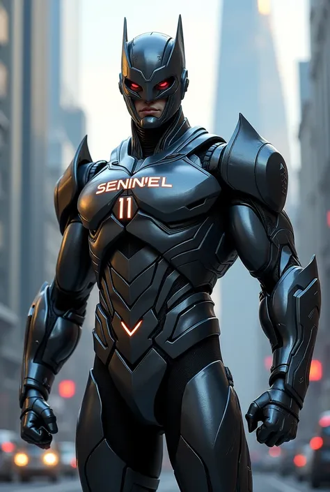 A superhero with the name Sentinel number 11 marked on his armor 