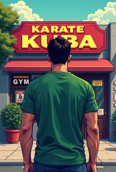 90s video game style image A man with his back to the camera in a green t-shirt in front of a gym called karate kuba