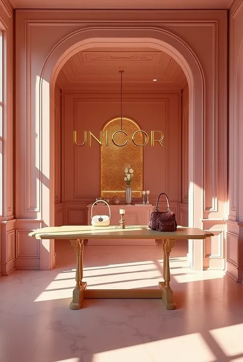 Real photo of an elegant store with pink walls focusing on a huge golden sign that says UNICOR in capital letters and has a wooden table to put handbags but without handbags