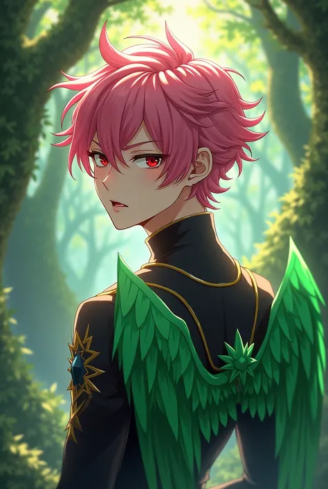 Male anime character with pink hair and green wings and red eyes in the forest