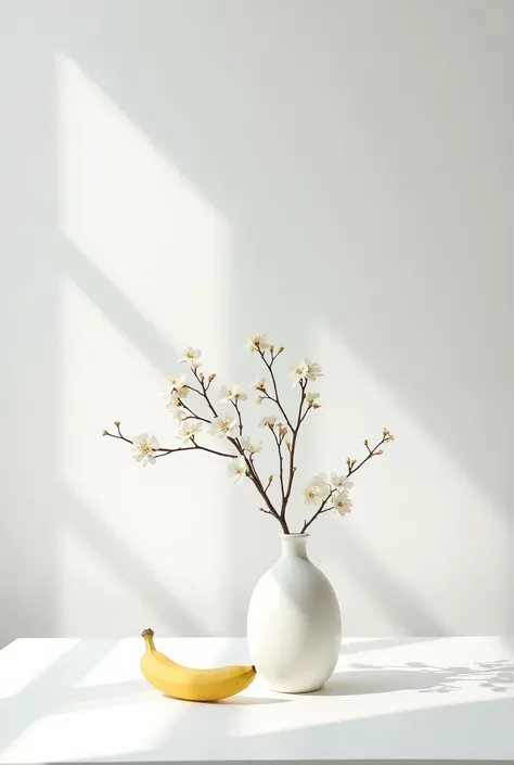 (Best Quality、masterpiece、High resolution)、RAW Photos、Film Grain、minimalist image、Wabi-sabi art、White Room、A simple unglazed white vase on a white table、Plum blossoms in a vase、A banana on a table、Very accurate banana、photo shoot、Professional Photographer