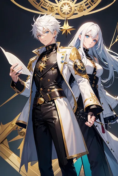 Make an anime character"high quality" "high resolution"with white hair that is kind of spiky with one blue eye and the other golden he wears a kind of black leather jacket and a white dress shirt,lead leather gloves gold details brown pants and black boots...