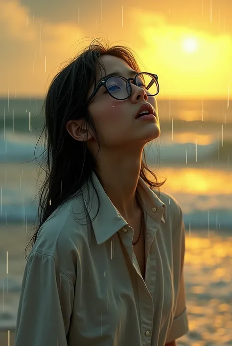 A sweet Indonesian girl from Java with a small face and black framed glasses crying on the edge of the sea among the rolling waves and the golden yellow sunlight., heavy rain soaked her entire body. The girl cried. Her tears flowed and wet her cheeks. Her ...