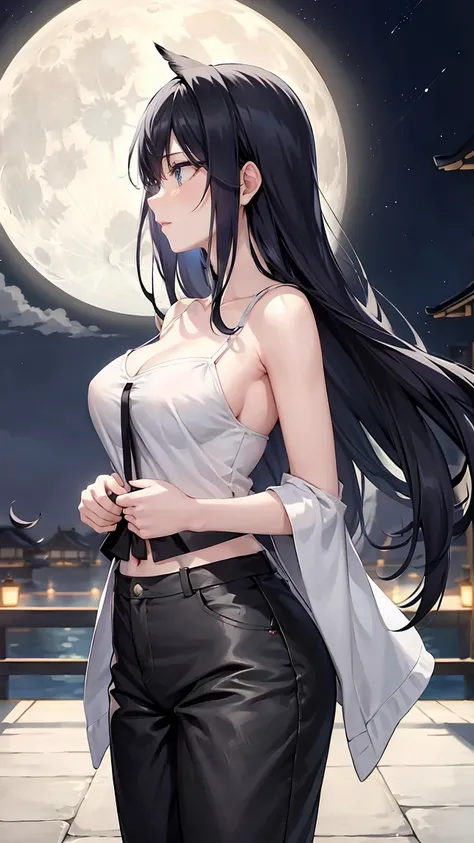 Moon color on inner color of long black hair、 A firm and beautifully shaped D cup, Green Eyes, Moonlight、moonlight、、、,A composition that captures the whole body from head to toe、Chuckle、Older sister、Sexy Fashion、camisole、Belly button exposed、Tapered trouse...