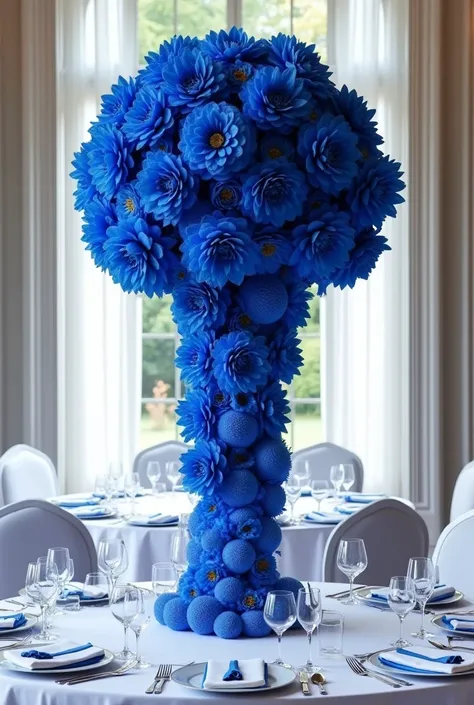 I want to create a tall round centerpiece with royal blue flowers, and on the table a white tablecloth 