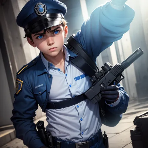 A boy with a gun dressed as a police officer Franja, blue eyes, high resolution, Super Detail, Ultra HD, 