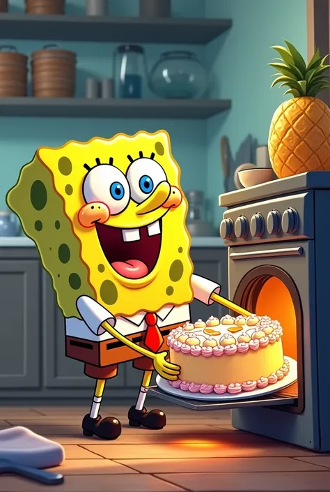 A spongebob taking a cake out of an oven
