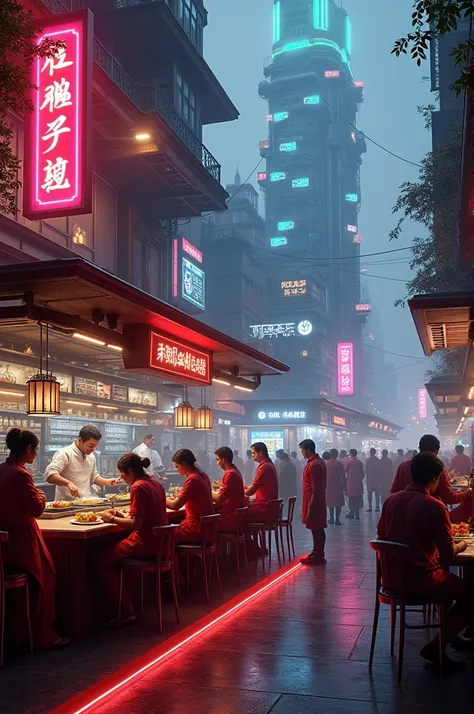 Indian food store serving firedrice and Chile chicken to the customers in cyberpunk 
