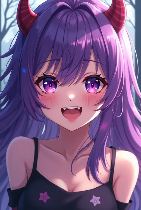 Female anime character girl with purple hair and eyes with small horns smiling with fangs