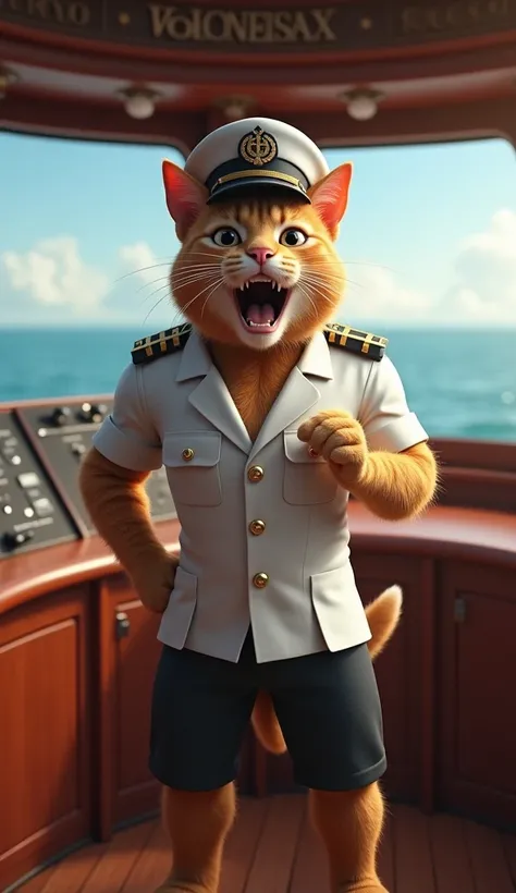 This image features an anthropomorphic cat dressed as a ship captain, standing in the ship’s control room. The cat is muscular, wearing a captain’s uniform with epaulets on the shoulders and a captain’s hat, exuding a sense of authority. The cats face is e...