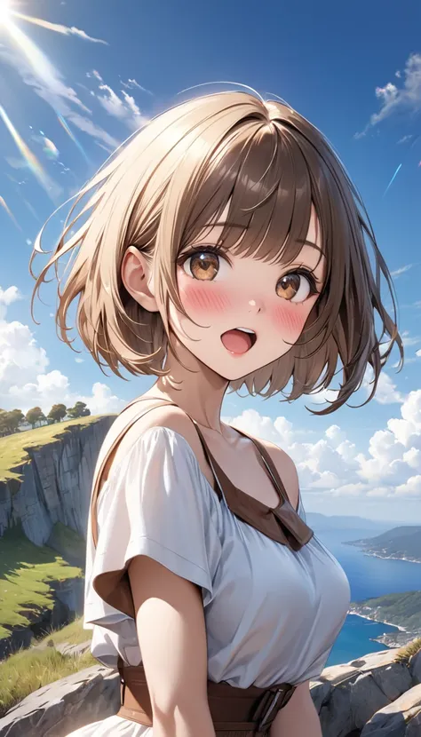 The spectacular view on the cliff, the spreading blue sky, the VIVID landscape, the girl singing on the cliff,(short bob cut with brown,bangs,brown eyes),(open mouth,sing),(look at viewer),full face blush,(perfect composition),light effect,an oncoming gent...