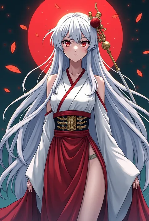 A woman with long white hair down to her lower back,and red eyes with slender bodies but without much breasts,Manga style without much realism with Inushasha priestess costume