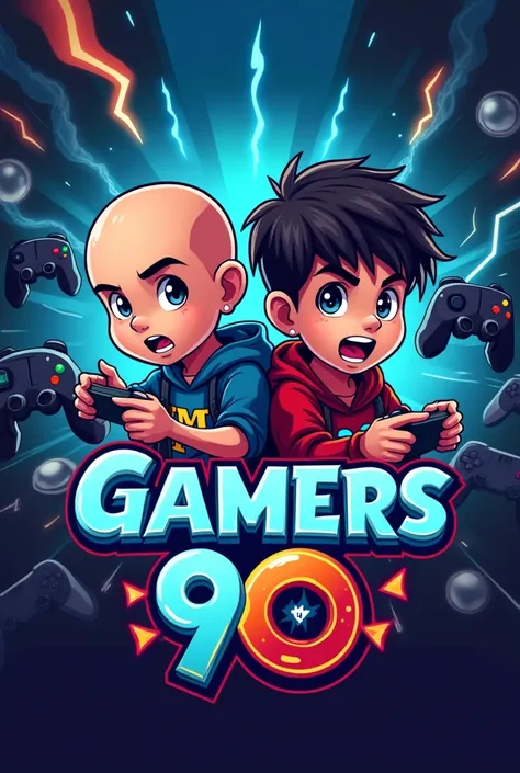 Gamer logo of Two boys one bald and one black hair playing and that in letter says (GAMERS 90) and have VIDEO GAMES and some fear 