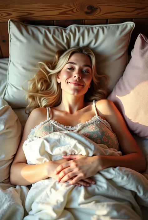 RAW photo, an intimate close-up from above of a slightly voluptuous blonde woman, lying in bed. The happiness in her expression is captured in stunning 8K resolution with photorealistic sharpness and detail, making the image a perfect, realistic masterpiec...