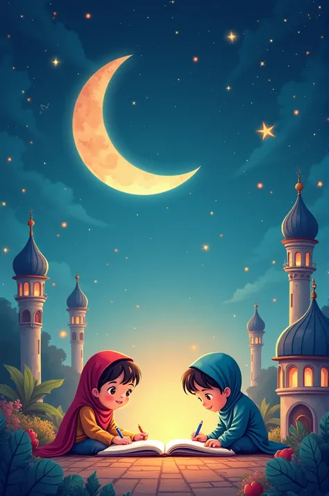 Elements: Incorporate symbols like a crescent moon, stars, or a mosque to reflect Islamic themes. You might also include playful elements like books or cartoon characters to appeal to children.

Color Scheme: Use vibrant and inviting colors, such as greens...