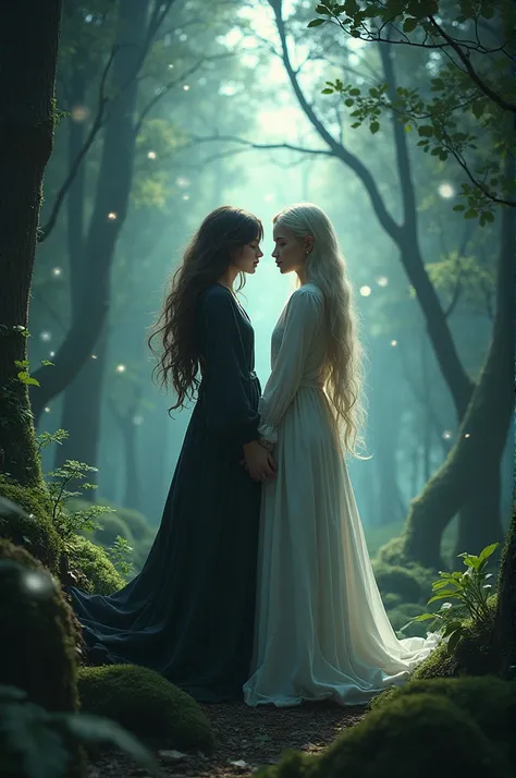 Enchanted forest with black and white magic and a  with long blonde hair and another 1 girl with short brown hair