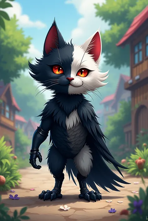 A hybrid animal robot, half cat and half crow, symbolizing the duality between curiosity and death. His cat half has bright eyes and a mischievous smile., while the crow half has red eyes and black feathers, cute anime style not 3D