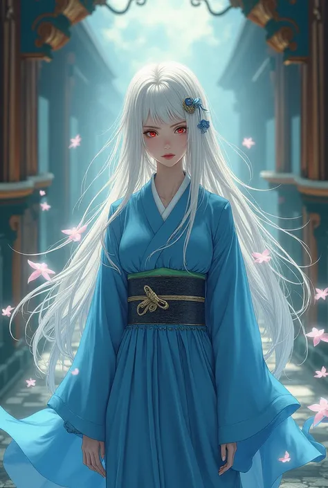 A woman with long white hair down to her lower back,and red eyes with slender bodies but without much breasts,manga style without much realism with a classic blue kimono 