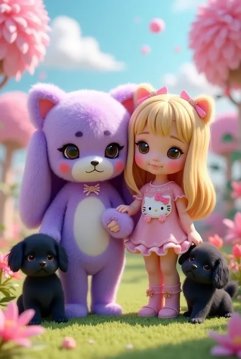 Kuromi doll from Sanrio, Hello Kitty cure blonde girl and 2 black shih tzu puppies

