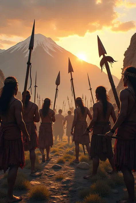 
Indigenous groups in different parts of the Andes, raising improvised weapons such as spears and machetes. The sun sets behind the mountains, creating an atmosphere of tension.