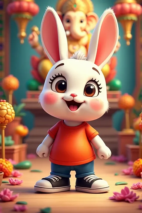 "Create an image of a cartoon cute rabbit character with round face and beautiful eyes, wearing red colour T-shirt and black sneakers, standing in front of a Ganesh Chaturthi decoration, looking curious and excited."

